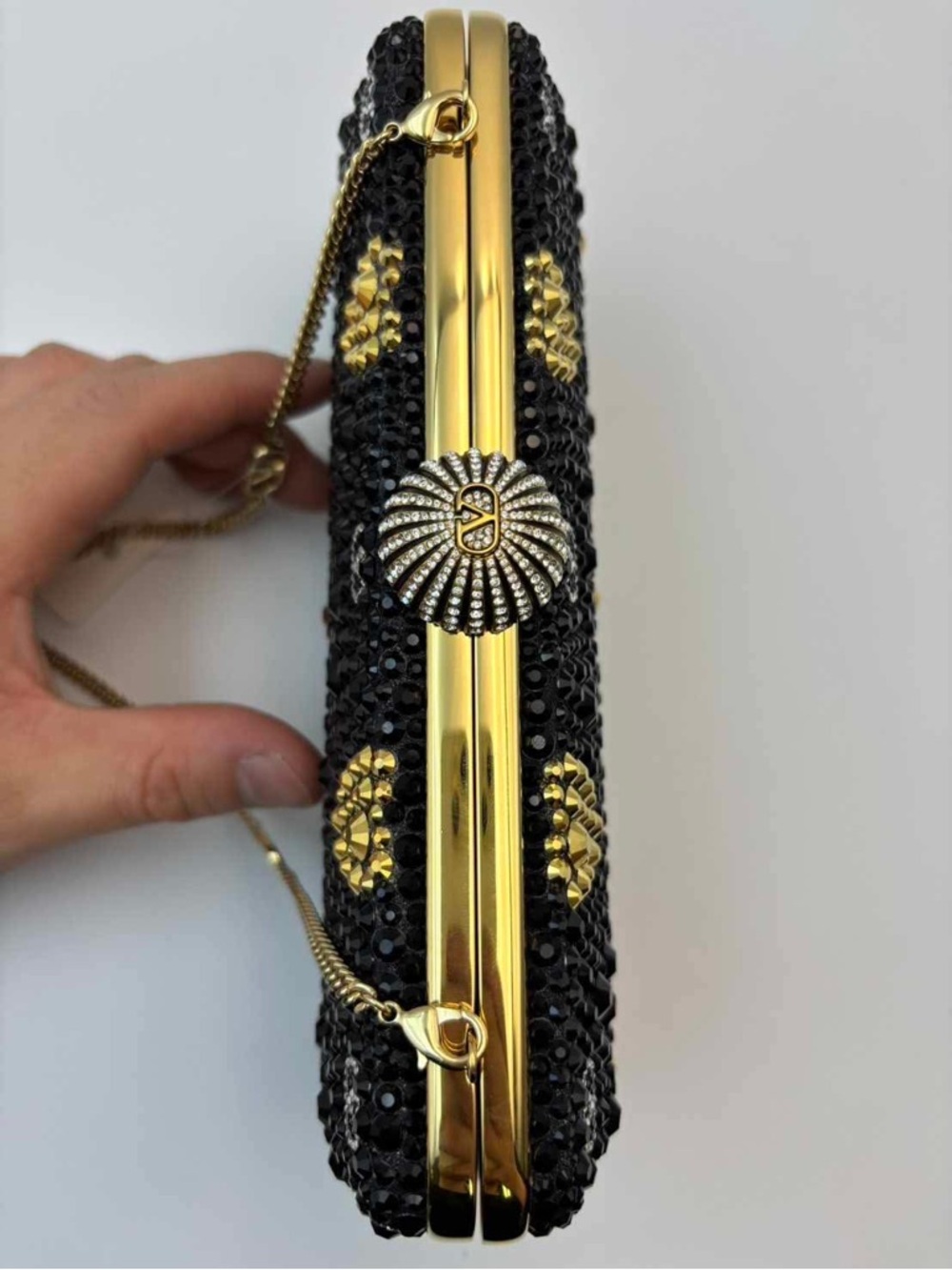 Valentino Black and Gold Crystal Heart Evening Clutch with Chain - Picture 6 of 16